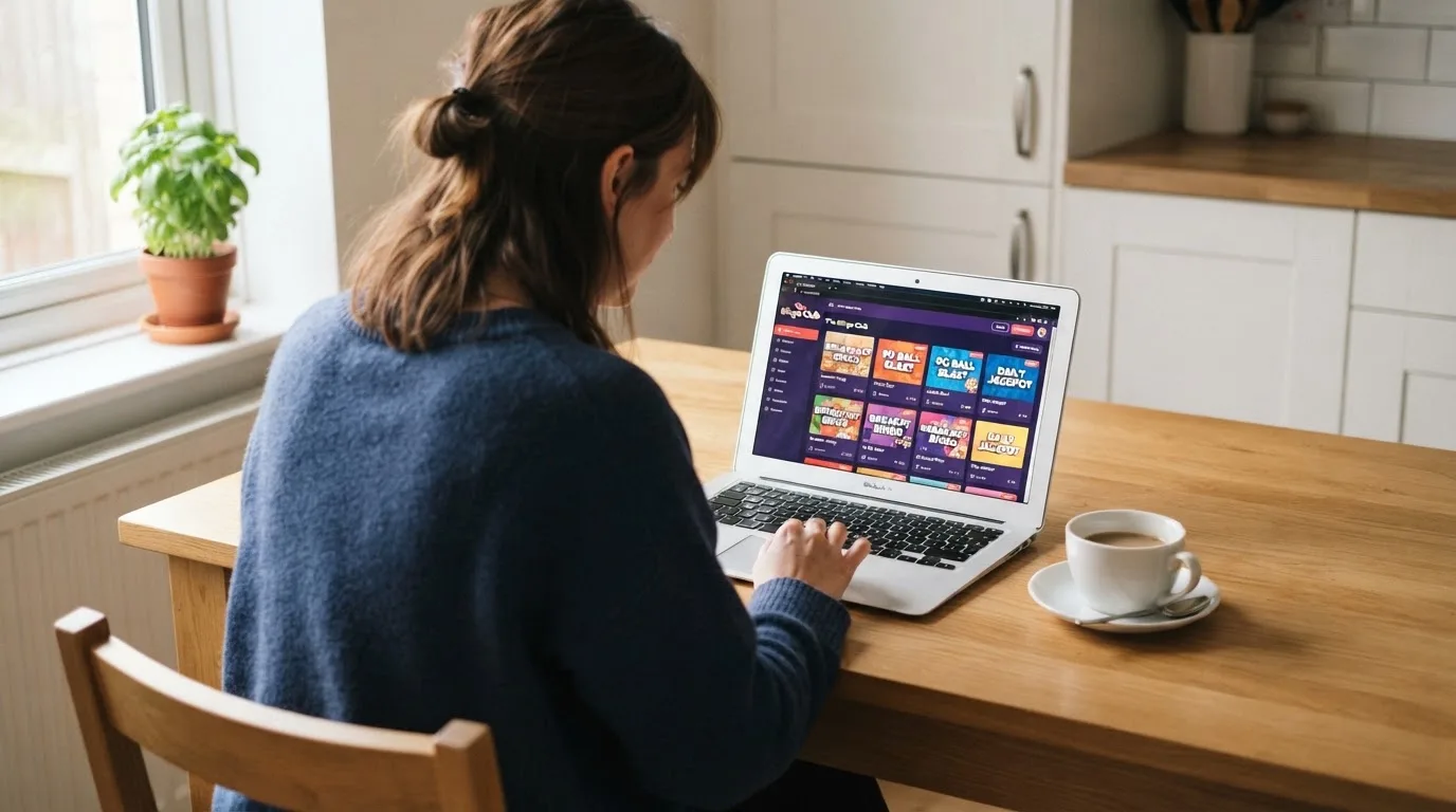 Een vrouw bekijkt rustig op haar laptop de opties voor online spelen aan de keukentafel, met een kopje koffie ernaast.