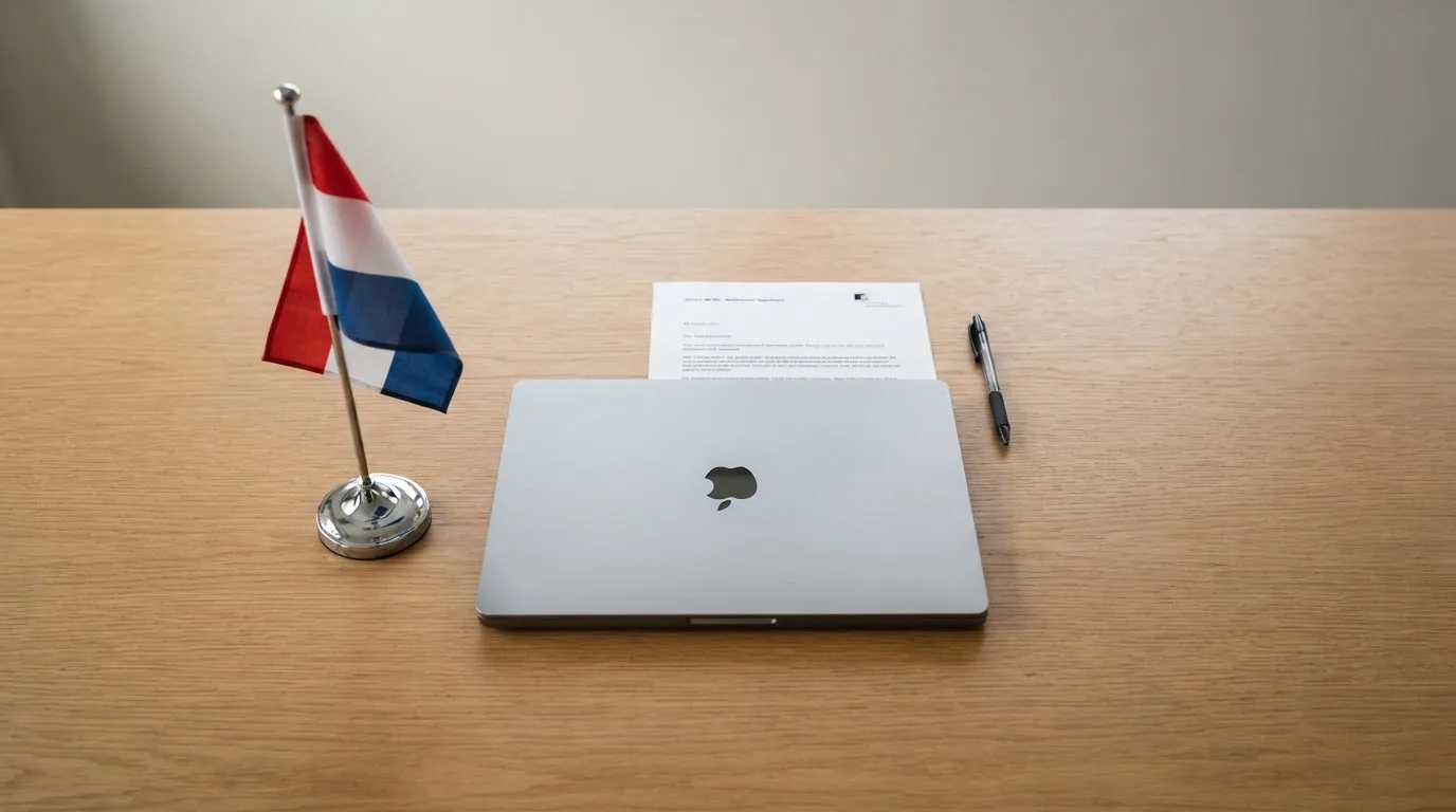 Een bureau met een Nederlandse vlag op een standaard naast een gesloten laptop, symbool voor regelgeving en toezicht op kansspelen.