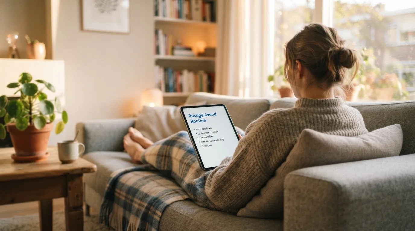 Iemand bekijkt ontspannen een tablet op de bank in een lichte woonkamer, met een plaid over de knieën.