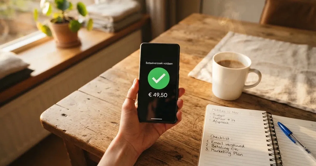 Een hand houdt een smartphone vast met een wazig bankapp-scherm, boven een houten bureau met een kop koffie.