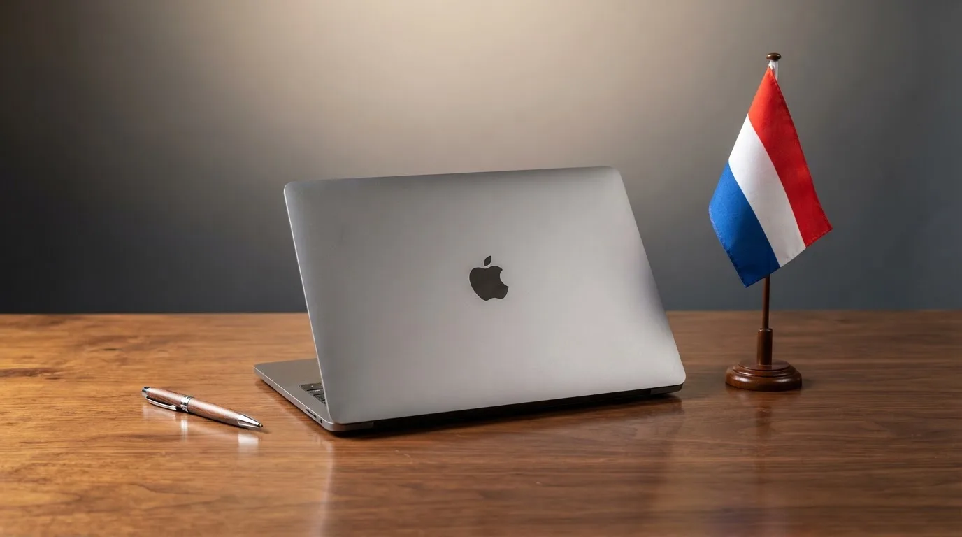 Een kantoorbureau met een Nederlandse vlag op een voetstuk naast een dichte laptop.