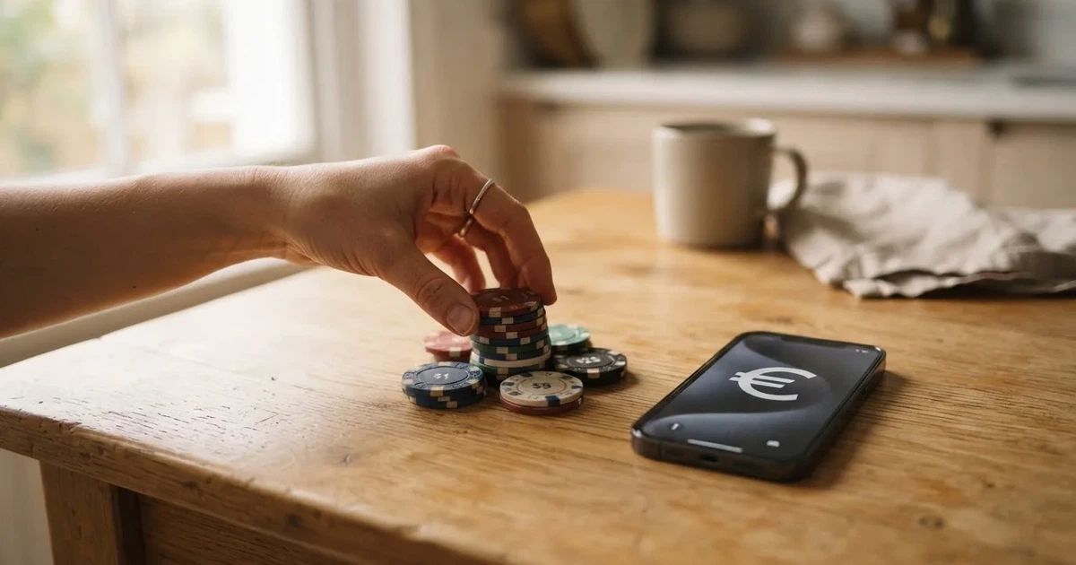 Iemand telt rustig wat muntgeld op een houten tafel naast een smartphone, in een lichte keuken.