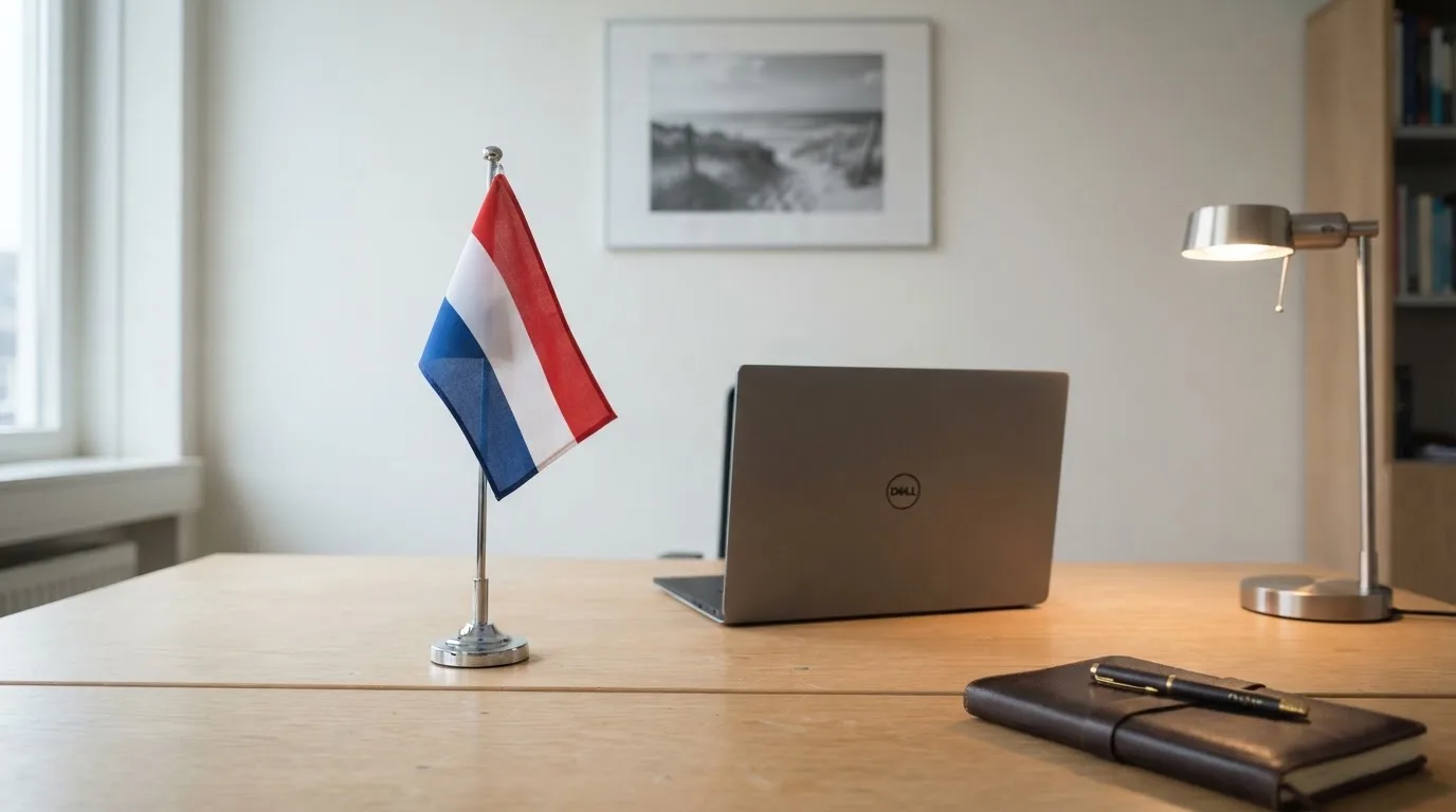 Een kantoorbureau met een Nederlandse vlag op een voetstuk naast een gesloten laptop.