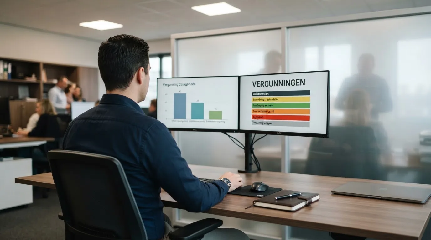 Een medewerker van een toezichthoudende instantie werkt achter een bureau met meerdere monitoren in een professioneel kantoor.