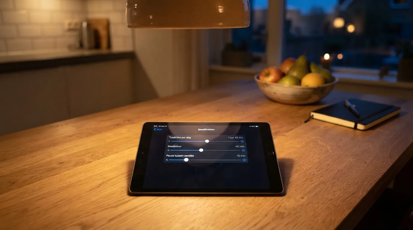 Een persoon bekijkt rustig instellingen voor speellimieten op een tablet aan een keukentafel in de avond.