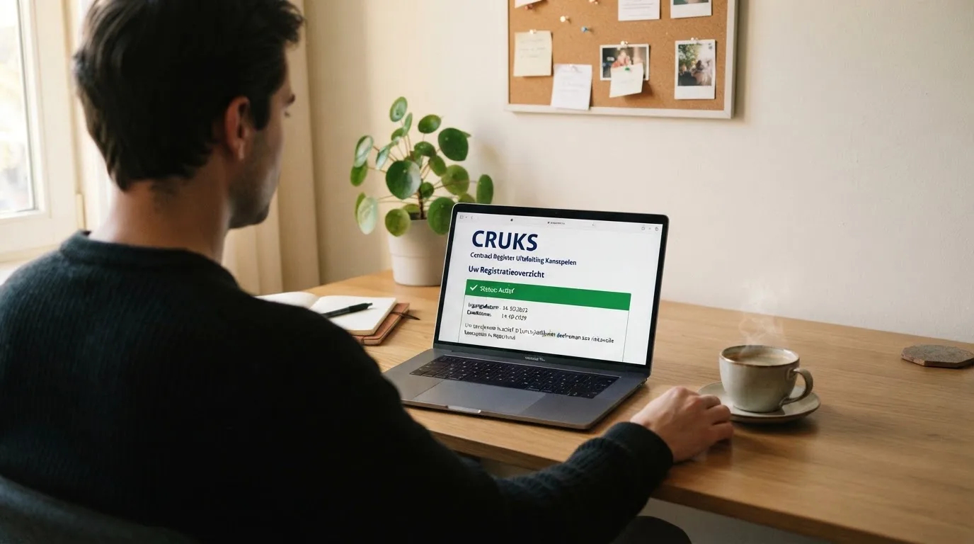 Een persoon zit aan een bureau met een kop koffie en bekijkt rustig een overzicht op een laptopscherm.
