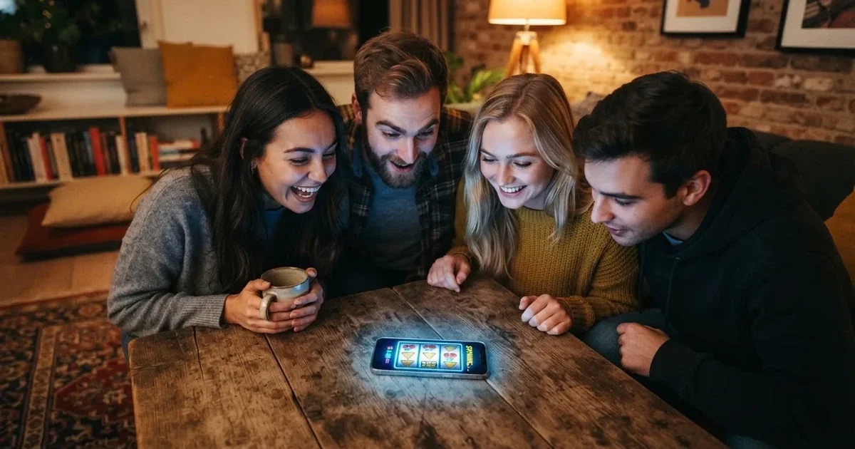 Een groep vrienden kijkt gespannen naar een smartphone tijdens het volgen van een ranglijst in een gezellige woonkamer.